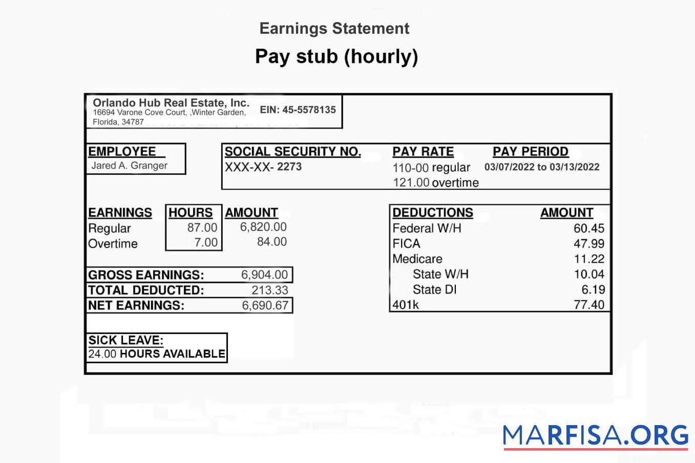 Blank Orlando HUB REAL Estate inc earnings statement real example